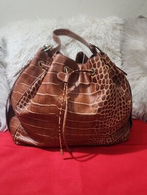 Donald J Pliner Croc-Embossed Brown Leather Drawstring Tote